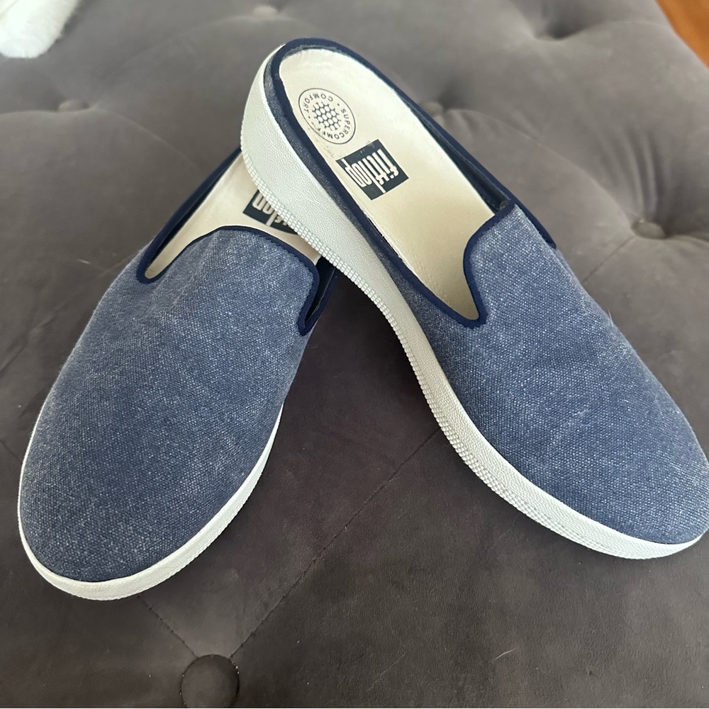 Fitflop Superskate Blue Denim Canvas Slip-on Mules, Minimalist, Casual, Size 6